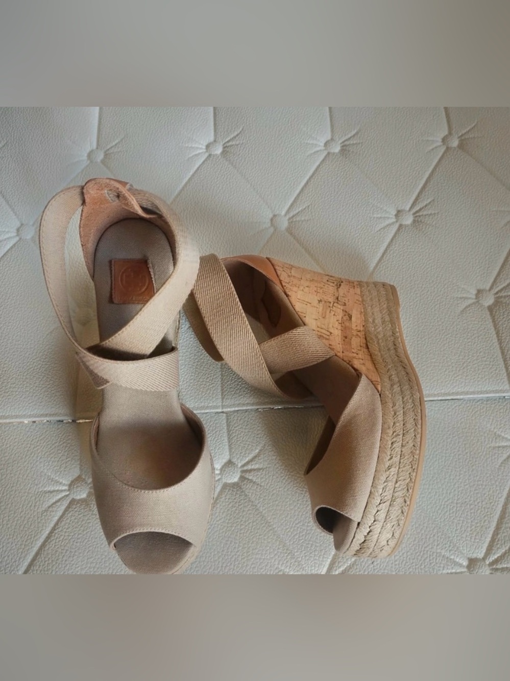 Tory Burch Neutral Canvas Crisscross Espadrille Wedges - Size 8 - Picture 3 of 7